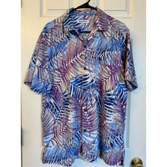 Tommy Bahama San Juan Fronds Silk Men's Hawaiian Blue/Lavender Camp Shirt XL - Picture 4 of 12